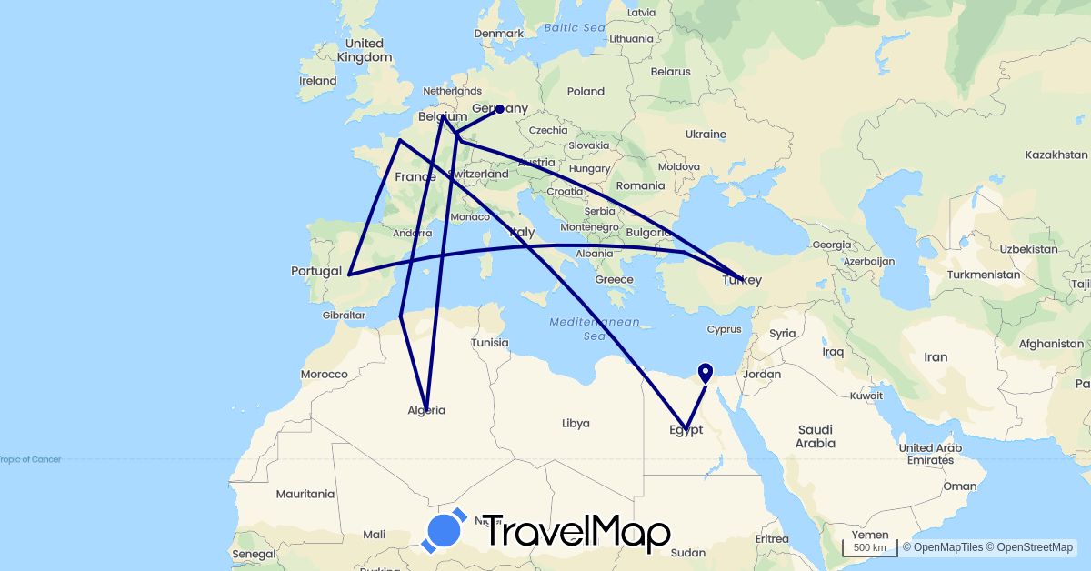 TravelMap itinerary: driving in Belgium, Germany, Algeria, Egypt, Spain, France, Luxembourg, Turkey (Africa, Asia, Europe)